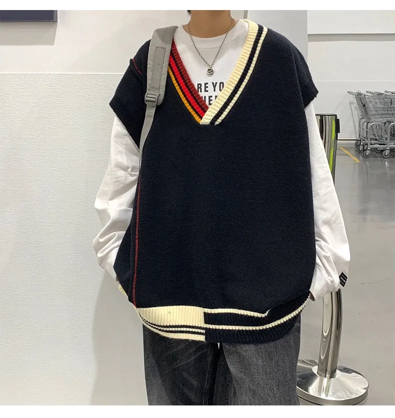 Bonsir Oversize Sweater Vests Men Patchwork V-neck Striped Big Size 5XL Preppy Style Couple Soft Knitwear Leisure Sleeveless Jumpers