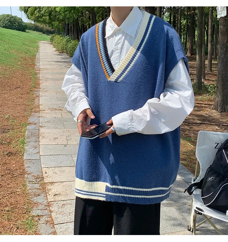 Bonsir Oversize Sweater Vests Men Patchwork V-neck Striped Big Size 5XL Preppy Style Couple Soft Knitwear Leisure Sleeveless Jumpers