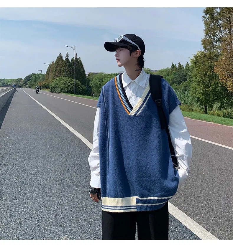 Bonsir Oversize Sweater Vests Men Patchwork V-neck Striped Big Size 5XL Preppy Style Couple Soft Knitwear Leisure Sleeveless Jumpers