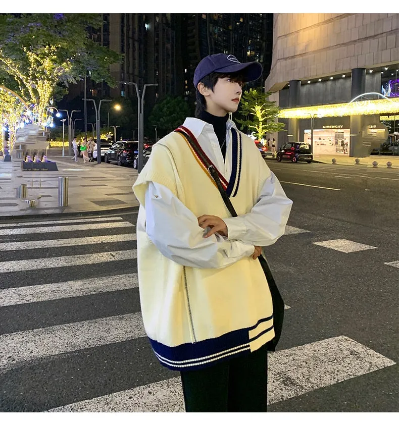 Bonsir Oversize Sweater Vests Men Patchwork V-neck Striped Big Size 5XL Preppy Style Couple Soft Knitwear Leisure Sleeveless Jumpers