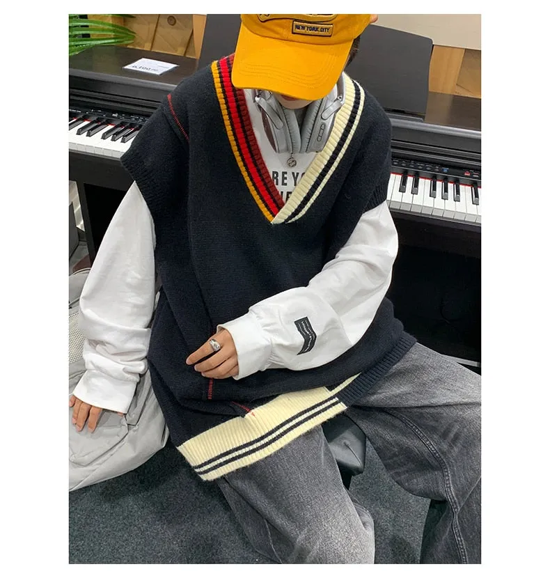 Bonsir Oversize Sweater Vests Men Patchwork V-neck Striped Big Size 5XL Preppy Style Couple Soft Knitwear Leisure Sleeveless Jumpers