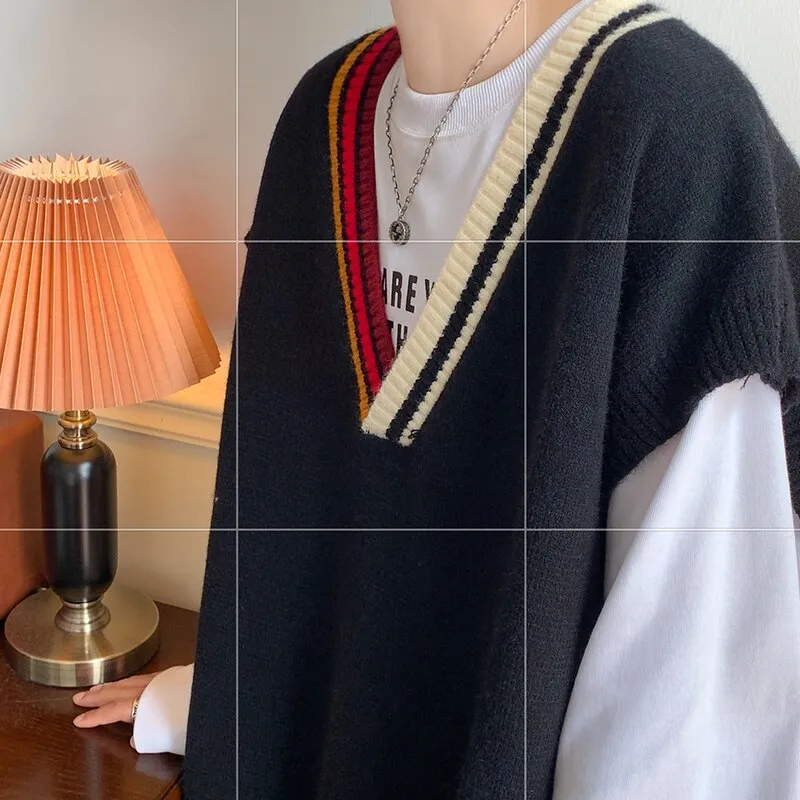 Bonsir Oversize Sweater Vests Men Patchwork V-neck Striped Big Size 5XL Preppy Style Couple Soft Knitwear Leisure Sleeveless Jumpers