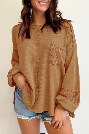 Brown Pink Distressed Crinkle Patchwork Long Sleeve Top