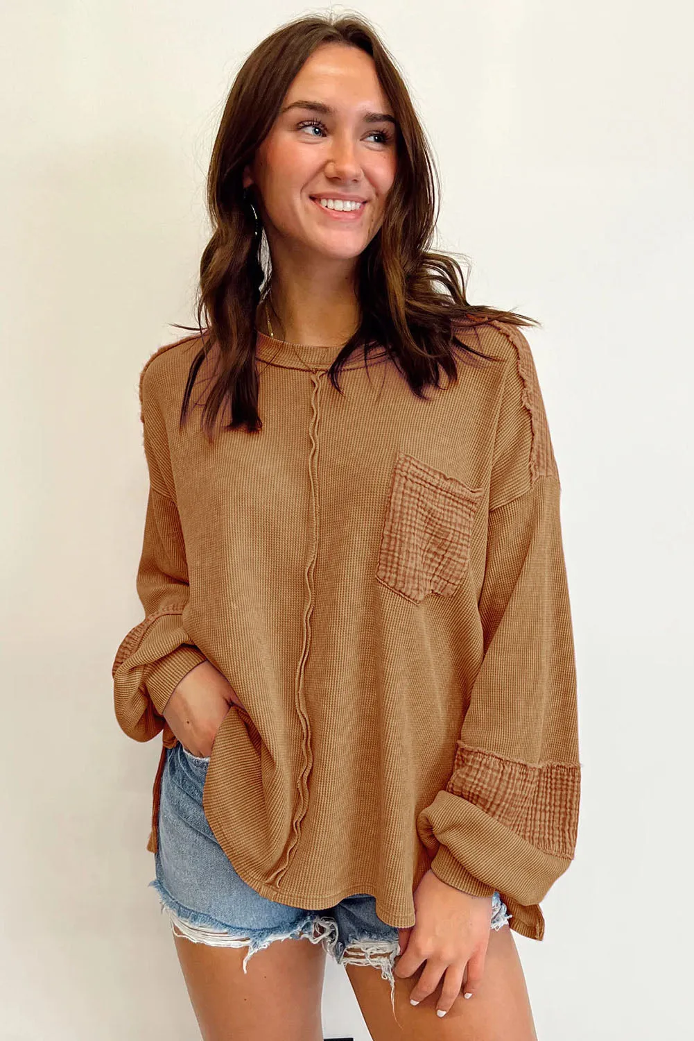 Brown Pink Distressed Crinkle Patchwork Long Sleeve Top