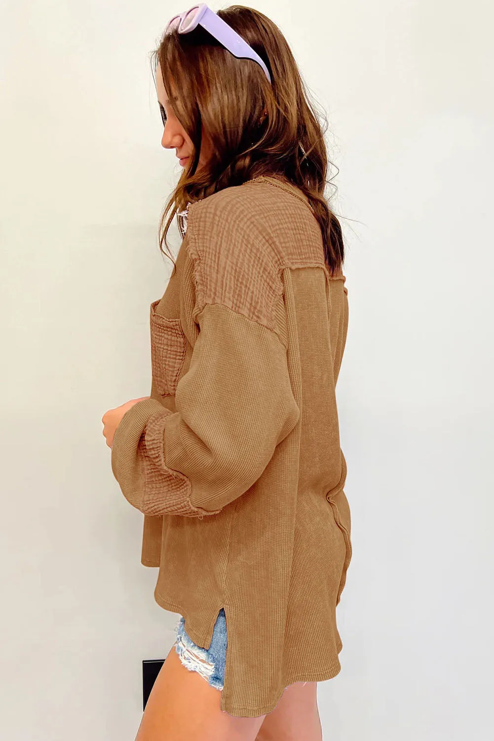 Brown Pink Distressed Crinkle Patchwork Long Sleeve Top