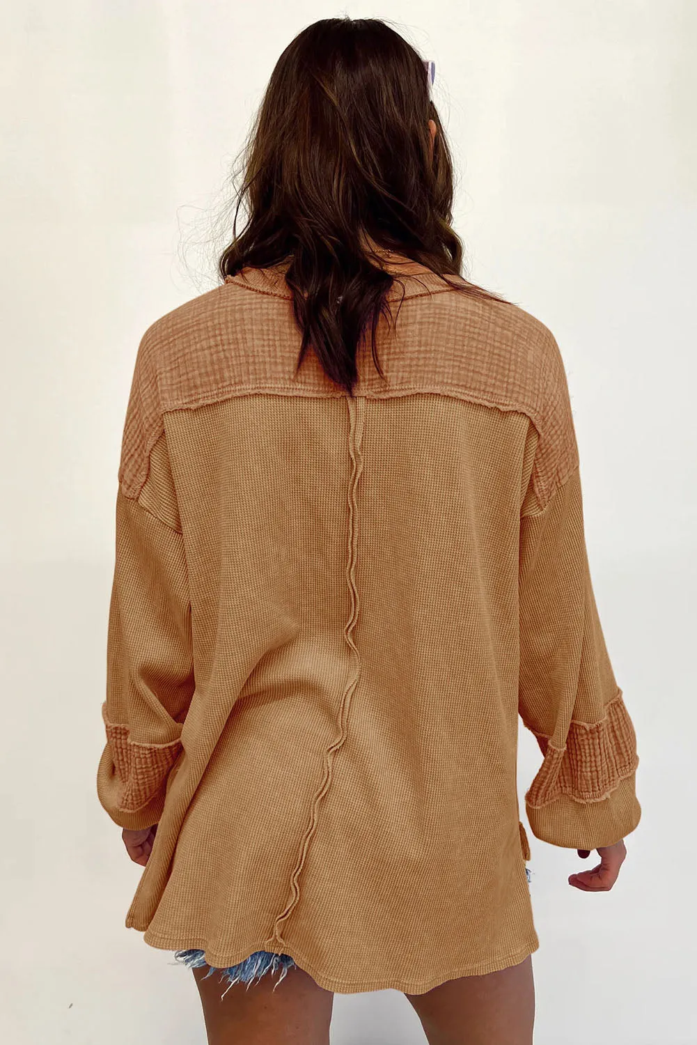 Brown Pink Distressed Crinkle Patchwork Long Sleeve Top
