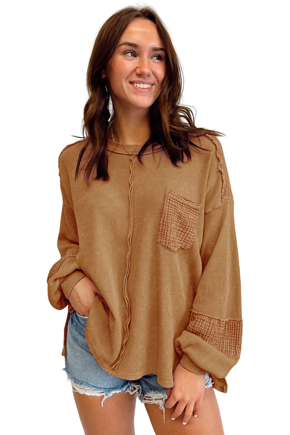 Brown Pink Distressed Crinkle Patchwork Long Sleeve Top