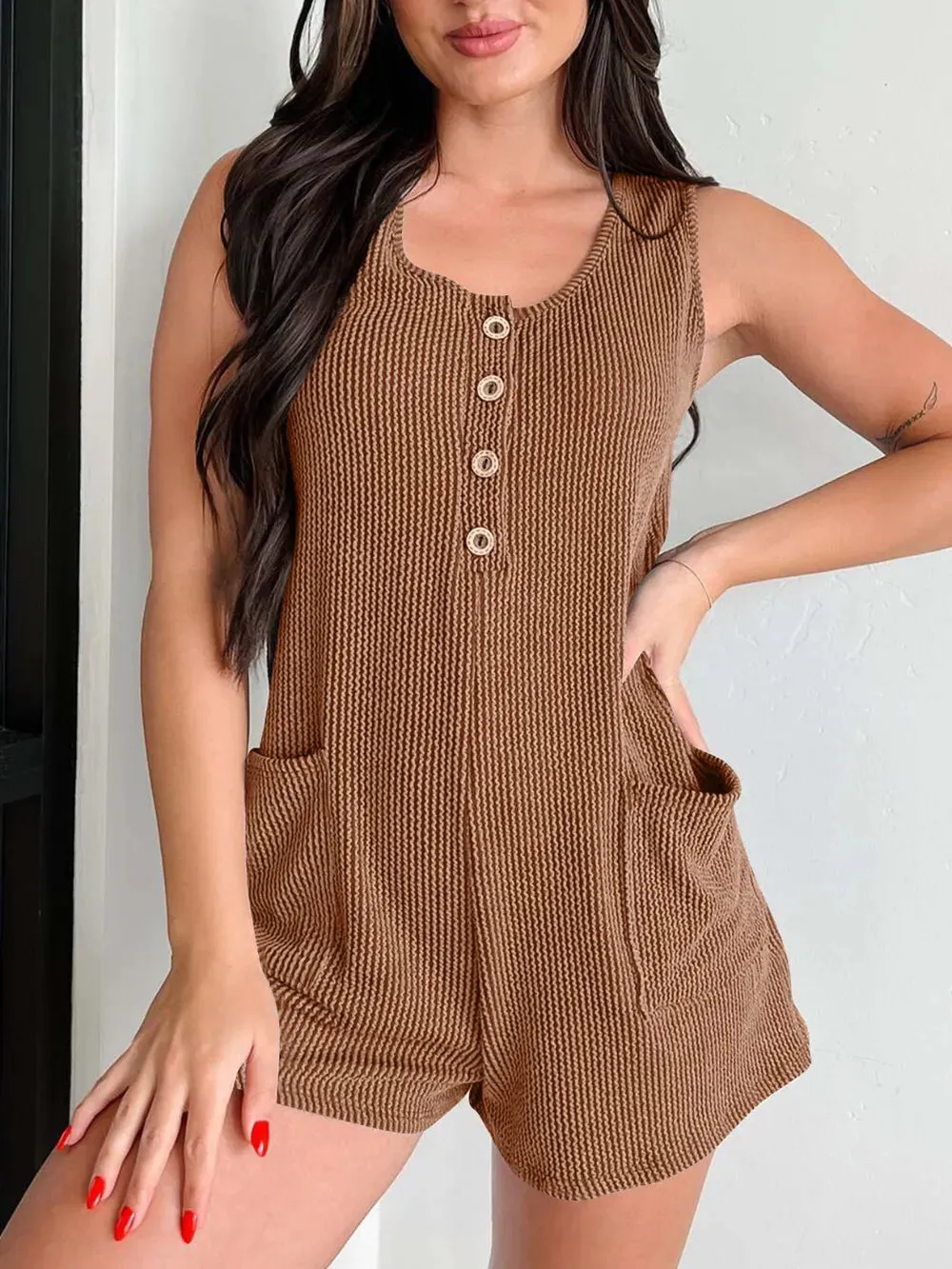 Button Detail Wide Strap Romper