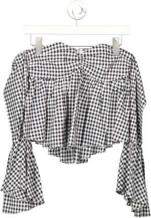 Caroline Constas Black Max Off-the-shoulder Gingham Bell Sleeve Top UK XS