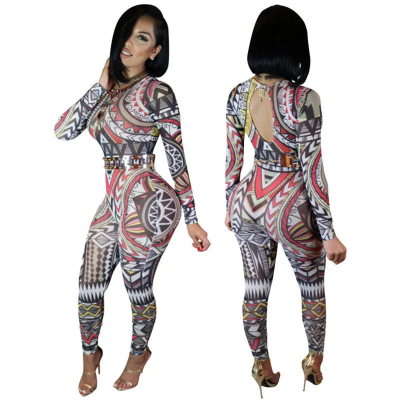 Chic Long Sleeve Tight Print Jumpsuit Backless Bodysuit