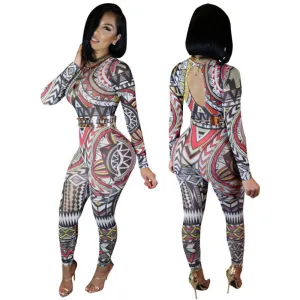 Chic Long Sleeve Tight Print Jumpsuit Backless Bodysuit