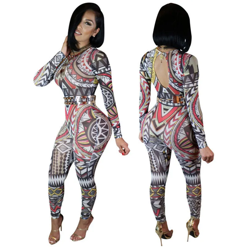 Chic Long Sleeve Tight Print Jumpsuit Backless Bodysuit