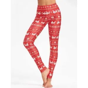 Christmas Elk Snowflake Print Skinny Leggings - Red L