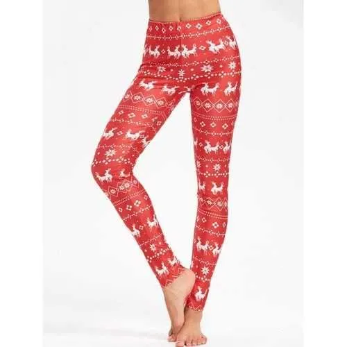 Christmas Elk Snowflake Print Skinny Leggings - Red L