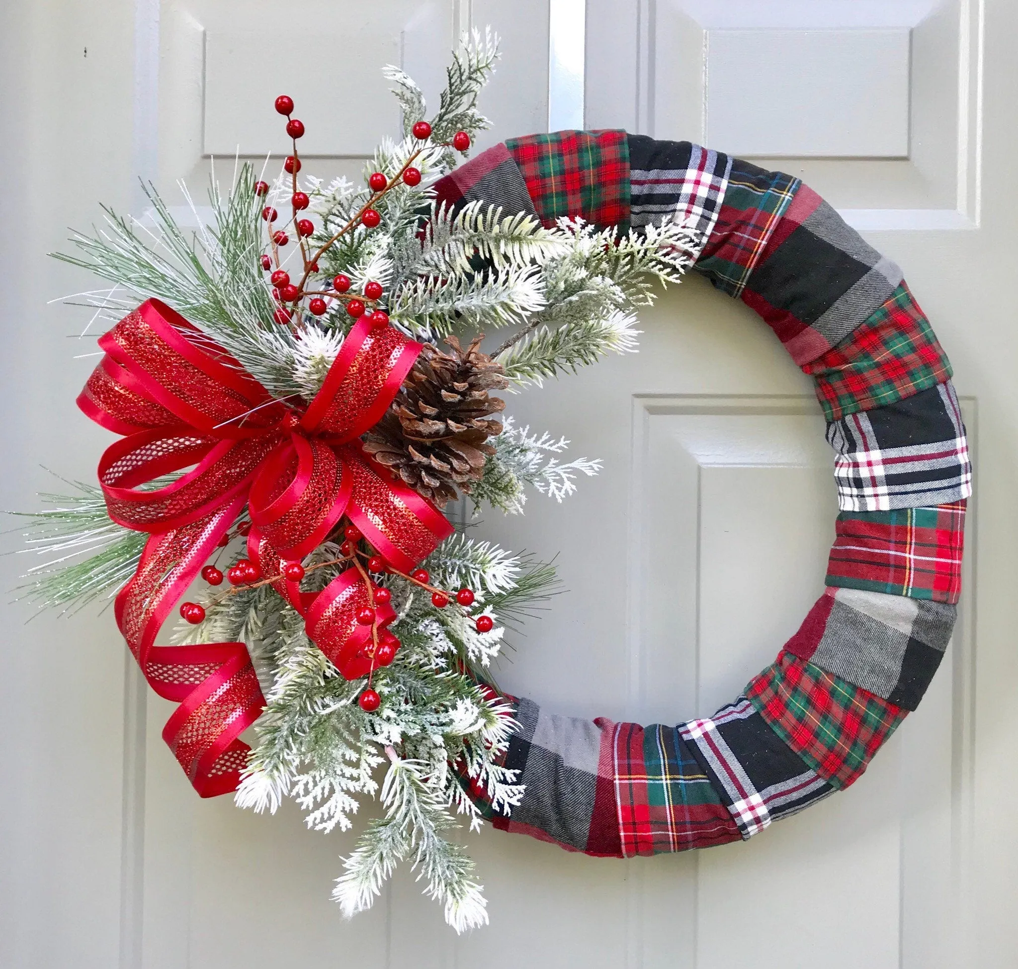 Christmas Wreath, Flannel Christmas Decor, Holly Berries, Evergreen Wreath, Christmas Plaid
