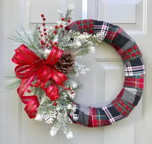 Christmas Wreath, Flannel Christmas Decor, Holly Berries, Evergreen Wreath, Christmas Plaid
