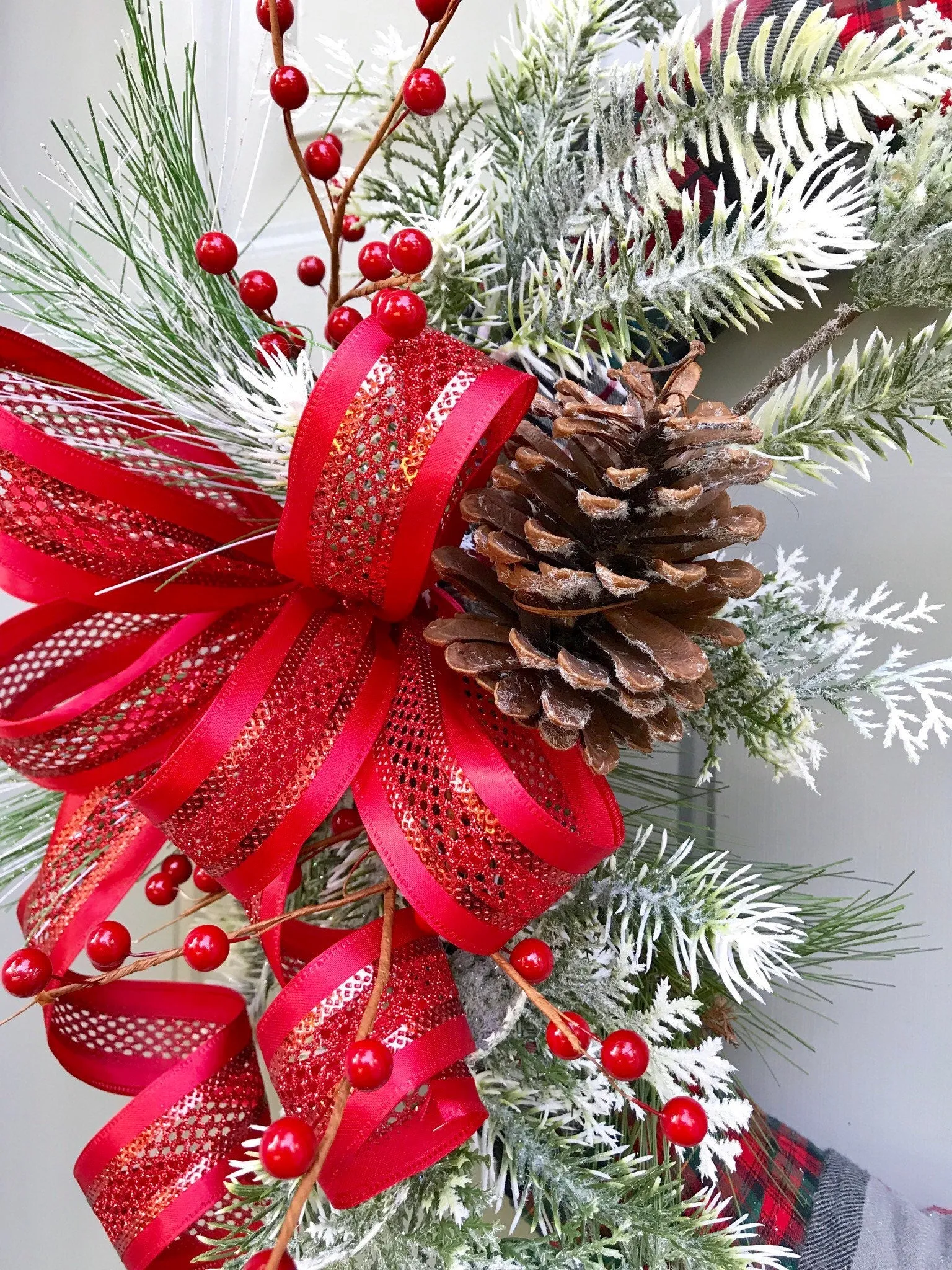 Christmas Wreath, Flannel Christmas Decor, Holly Berries, Evergreen Wreath, Christmas Plaid