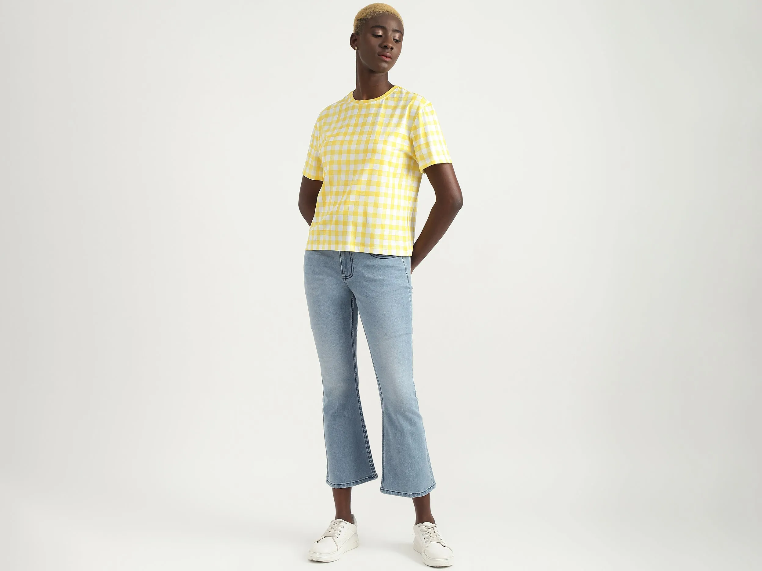 Cotton Checked Round Neck Women T-shirts