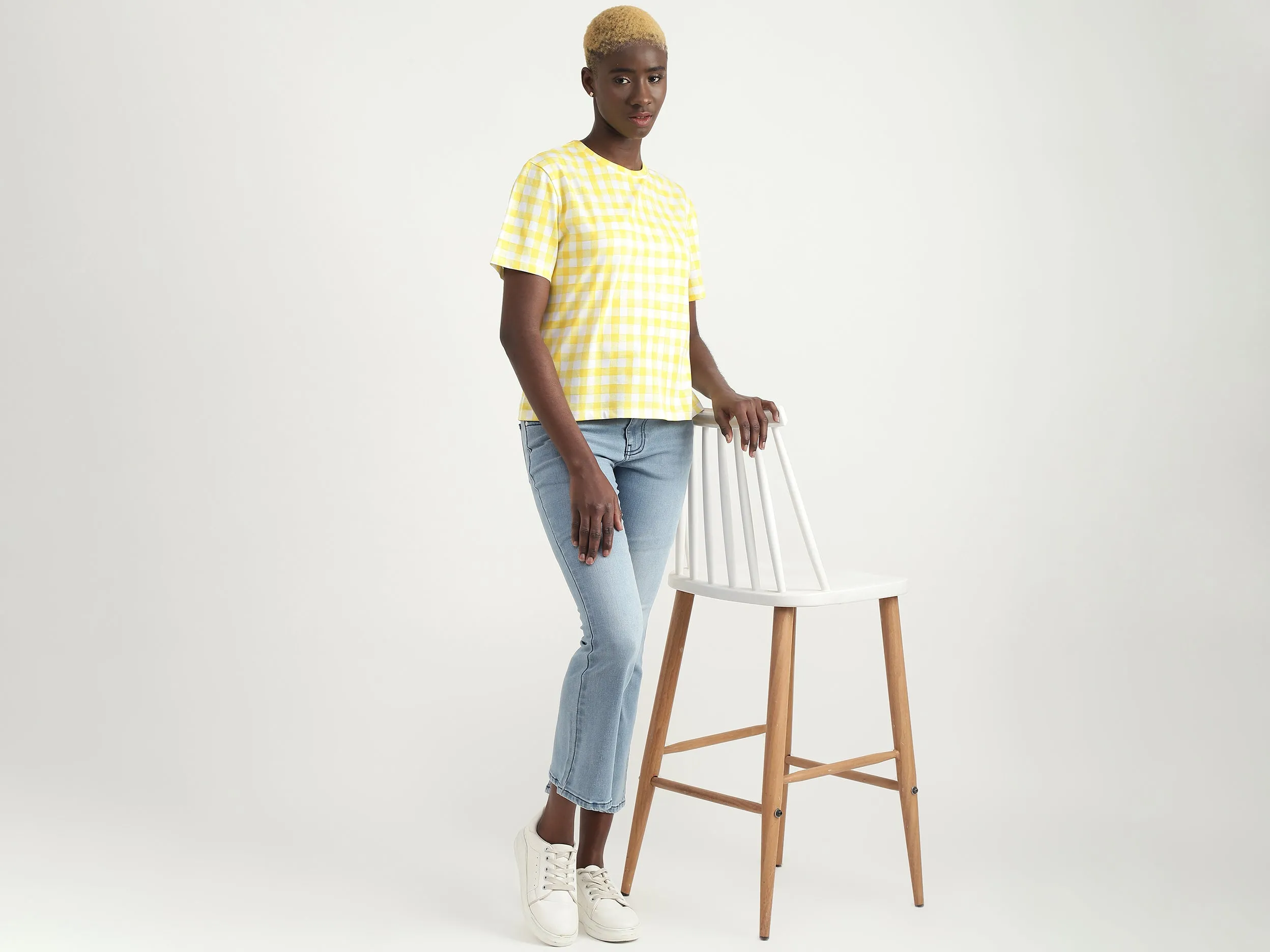 Cotton Checked Round Neck Women T-shirts