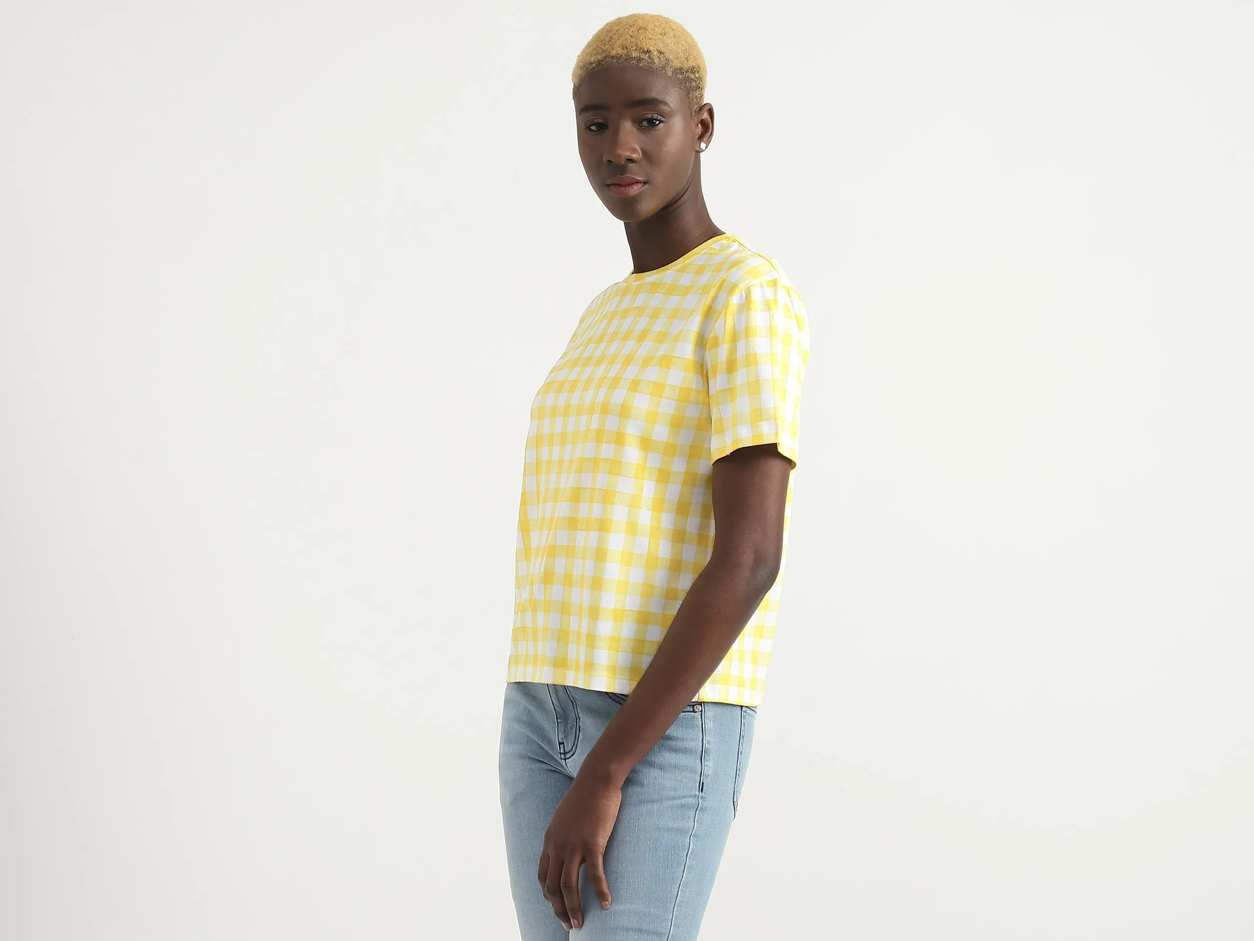 Cotton Checked Round Neck Women T-shirts