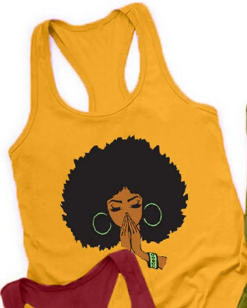 Cotton Fashion Black Girl Cartoon Avatar Print Racerback Tank Top