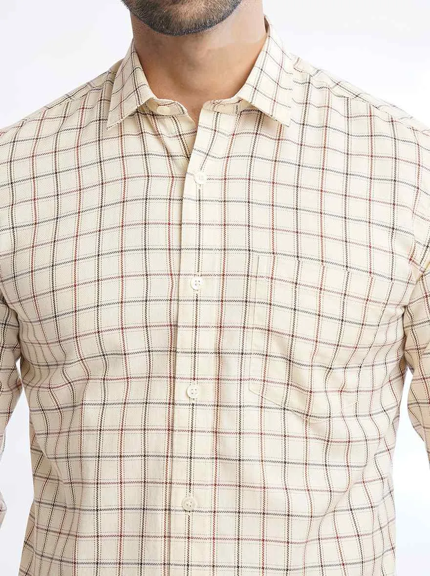 Cream Checked Slim Fit Semi Casual Shirt | JadeBlue