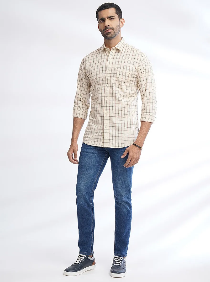 Cream Checked Slim Fit Semi Casual Shirt | JadeBlue