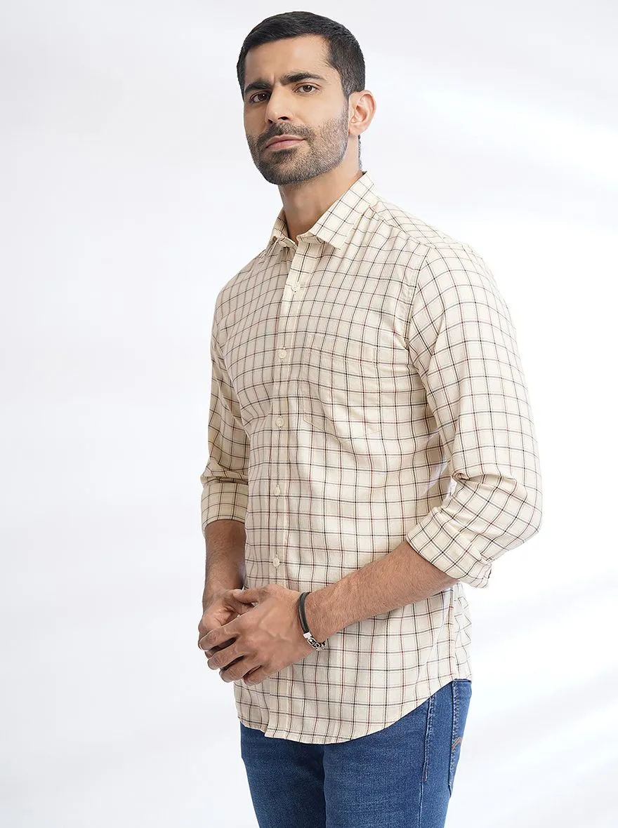 Cream Checked Slim Fit Semi Casual Shirt | JadeBlue