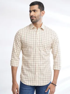 Cream Checked Slim Fit Semi Casual Shirt | JadeBlue