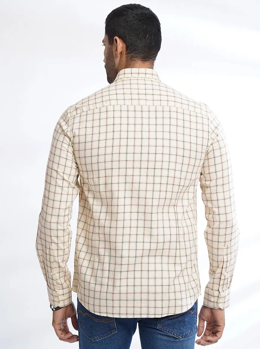 Cream Checked Slim Fit Semi Casual Shirt | JadeBlue