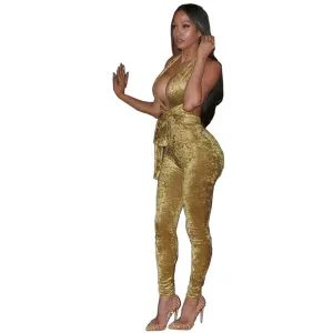 Deep V Neck Club Velvet Shinny Backless Jumpsuit Sleeveless Yellow Full Length Bodysuit