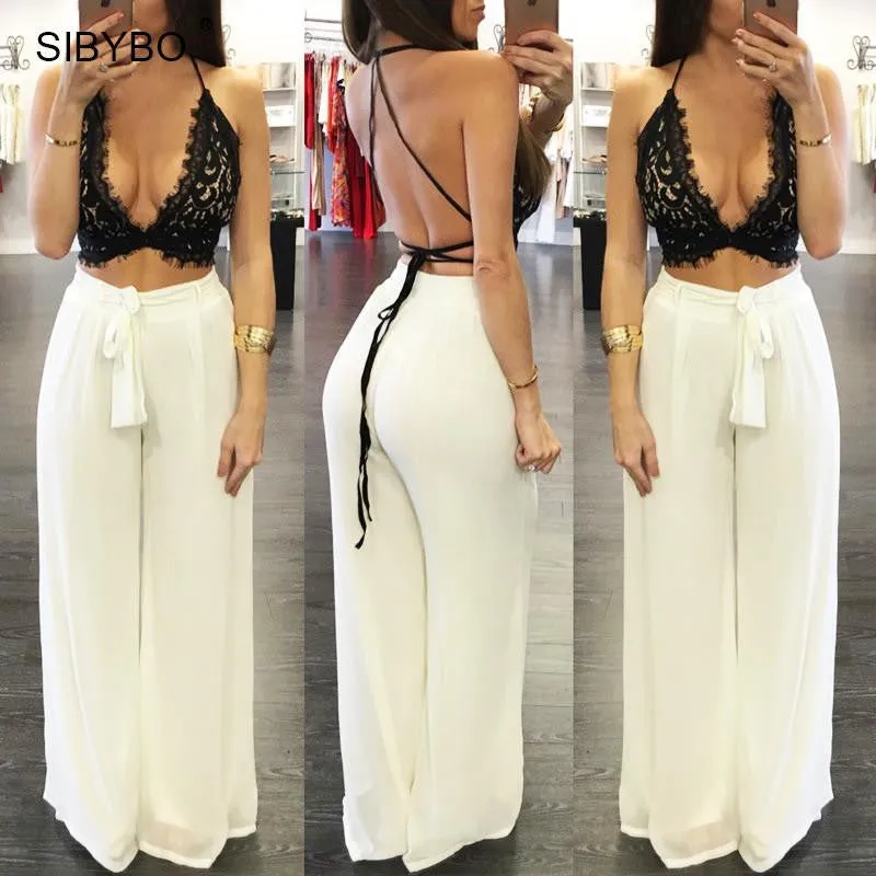 Deep V neck Women Jumpsuit Two Pieces Set Lace Backless Crop Top Long Loose Pants Beach Party Bodycon Playsuit