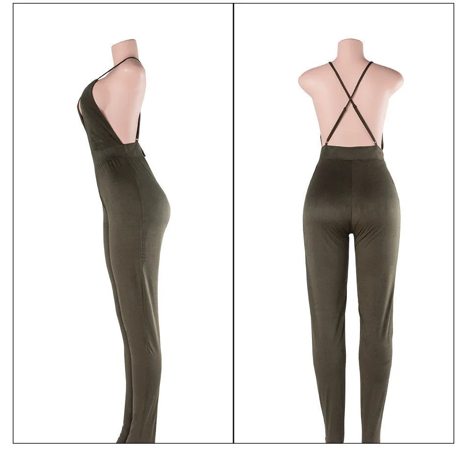 Deep V sexy backless pencil pants / feet pants nightclub Cashmere Suede Leather One Pieces Jumpsuit Women Rompers