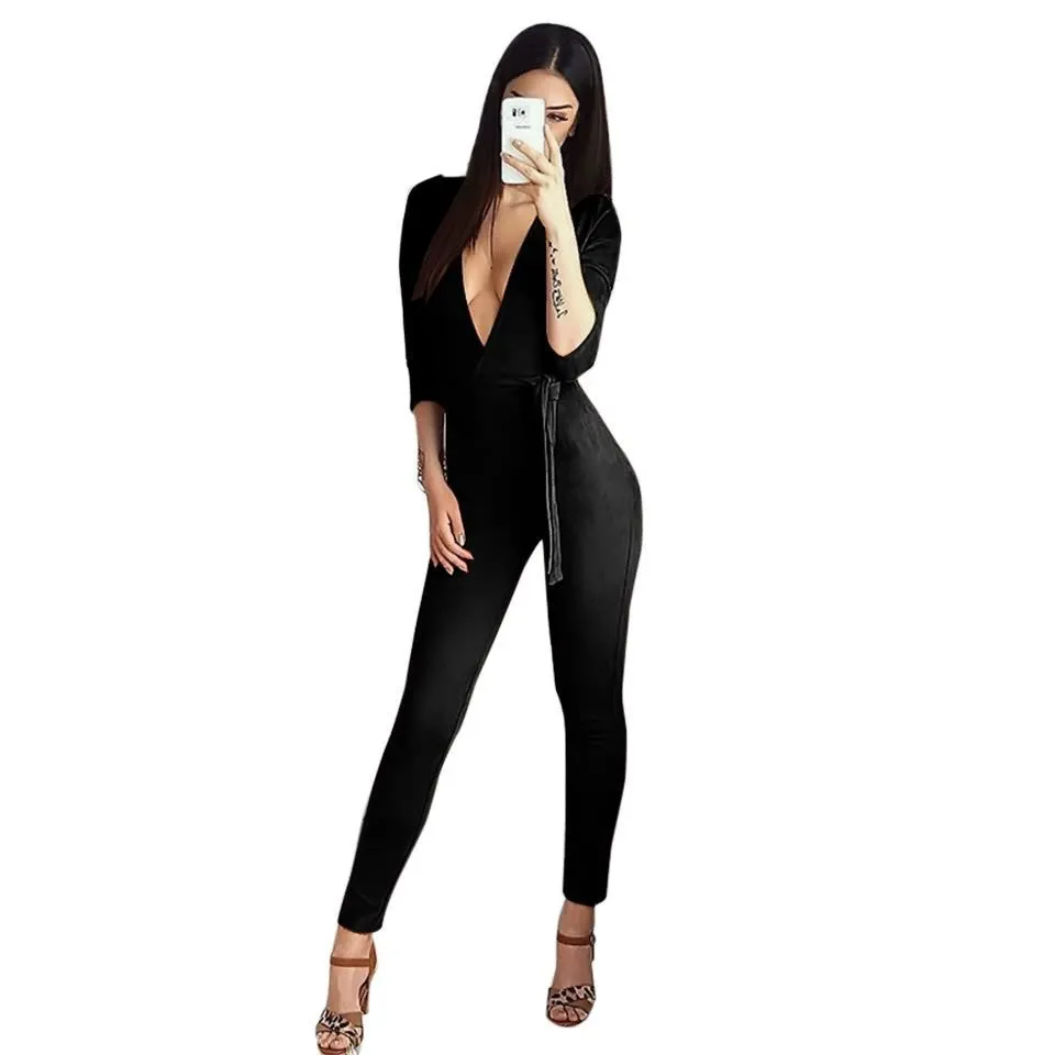 Deep V sexy backless pencil pants / feet pants nightclub Cashmere Suede Leather One Pieces Jumpsuit Women Rompers