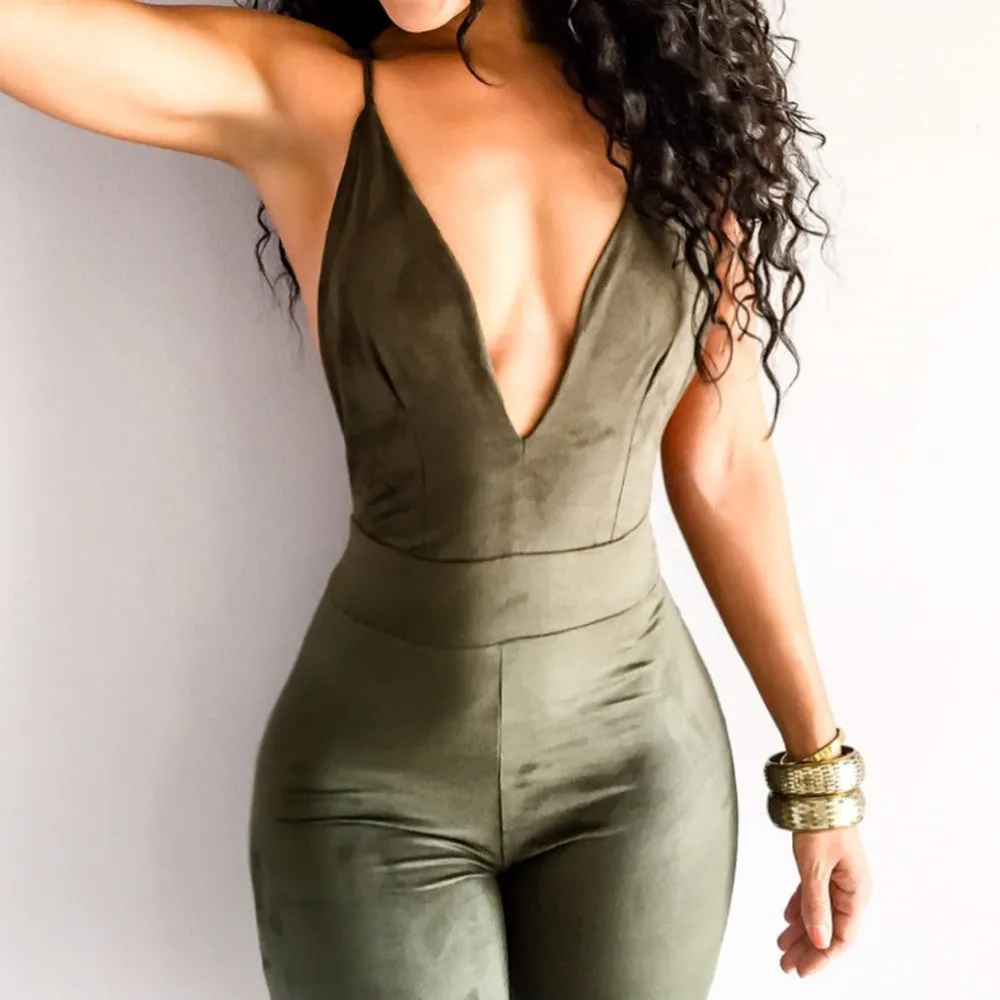 Deep V sexy backless pencil pants / feet pants nightclub Cashmere Suede Leather One Pieces Jumpsuit Women Rompers
