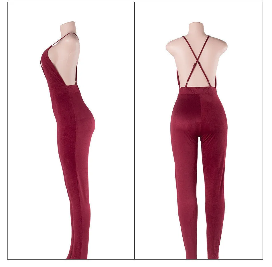 Deep V sexy backless pencil pants / feet pants nightclub Cashmere Suede Leather One Pieces Jumpsuit Women Rompers