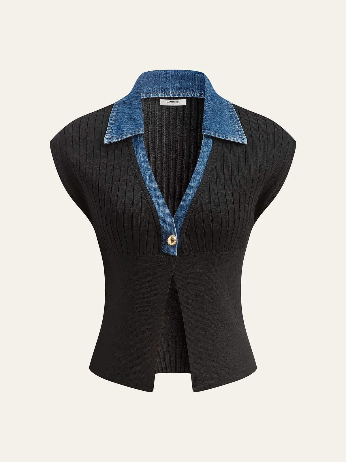Denim Trim Ribbed Knit Top