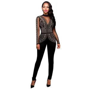 Diamonds Backless Sexy Mesh Deep V Long Sleeve Bodysuit