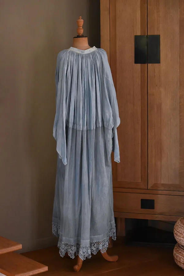 Early 20th Century Aube Cotton & Lace Dress in Indigo
