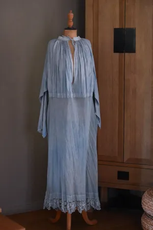 Early 20th Century Aube Cotton & Lace Dress in Indigo