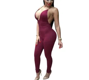 Elegant evening party suede women jumpsuit deep v neck backless jumpsuit Girls long pants red bodycon playsuits