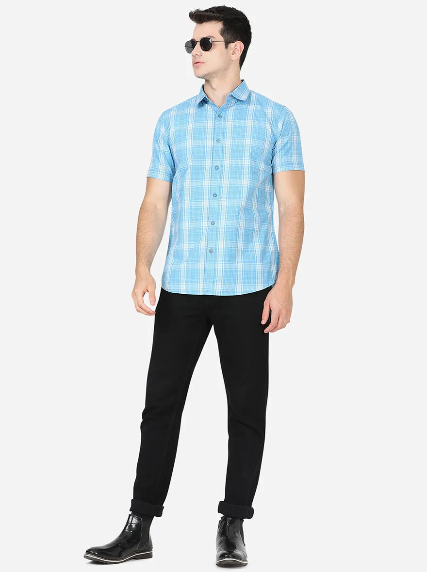 Estate Blue Checked Slim Fit Semi Casual Shirt | JadeBlue