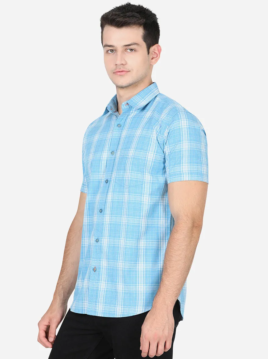 Estate Blue Checked Slim Fit Semi Casual Shirt | JadeBlue
