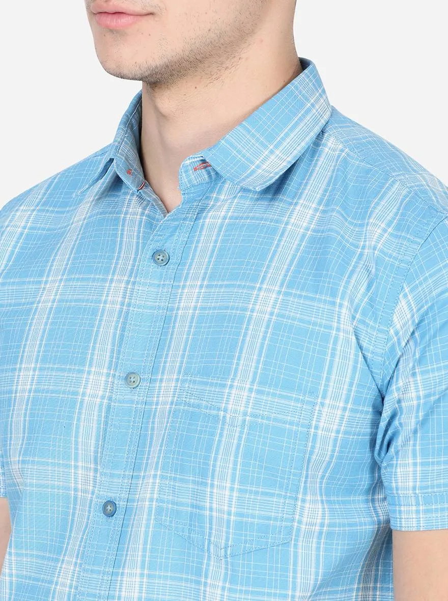 Estate Blue Checked Slim Fit Semi Casual Shirt | JadeBlue