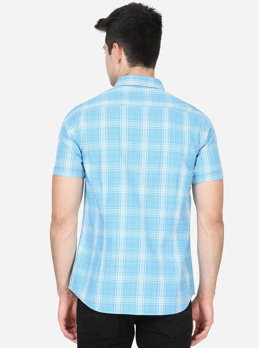 Estate Blue Checked Slim Fit Semi Casual Shirt | JadeBlue