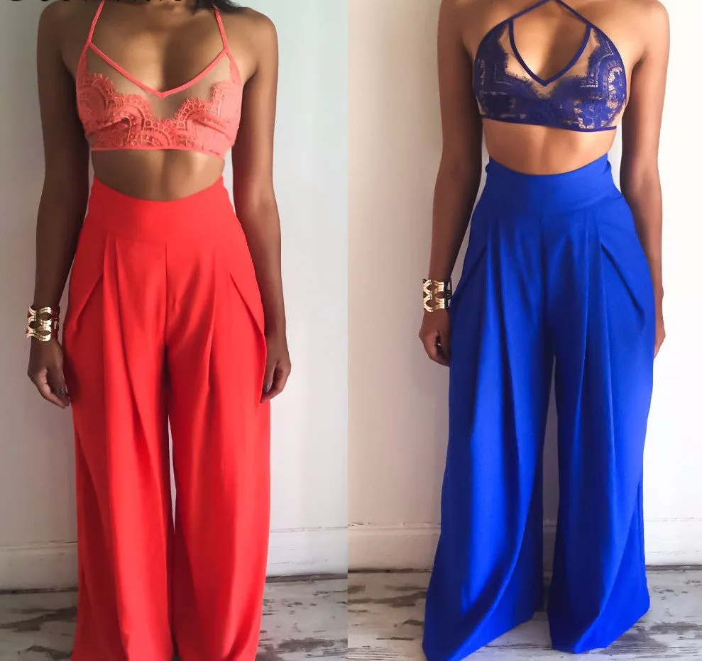 Fashion lace top 2 Pieces Jumpsuit Long pants Strapless Crop Tops High Waist Wide Leg Pants Rompers Red/blue