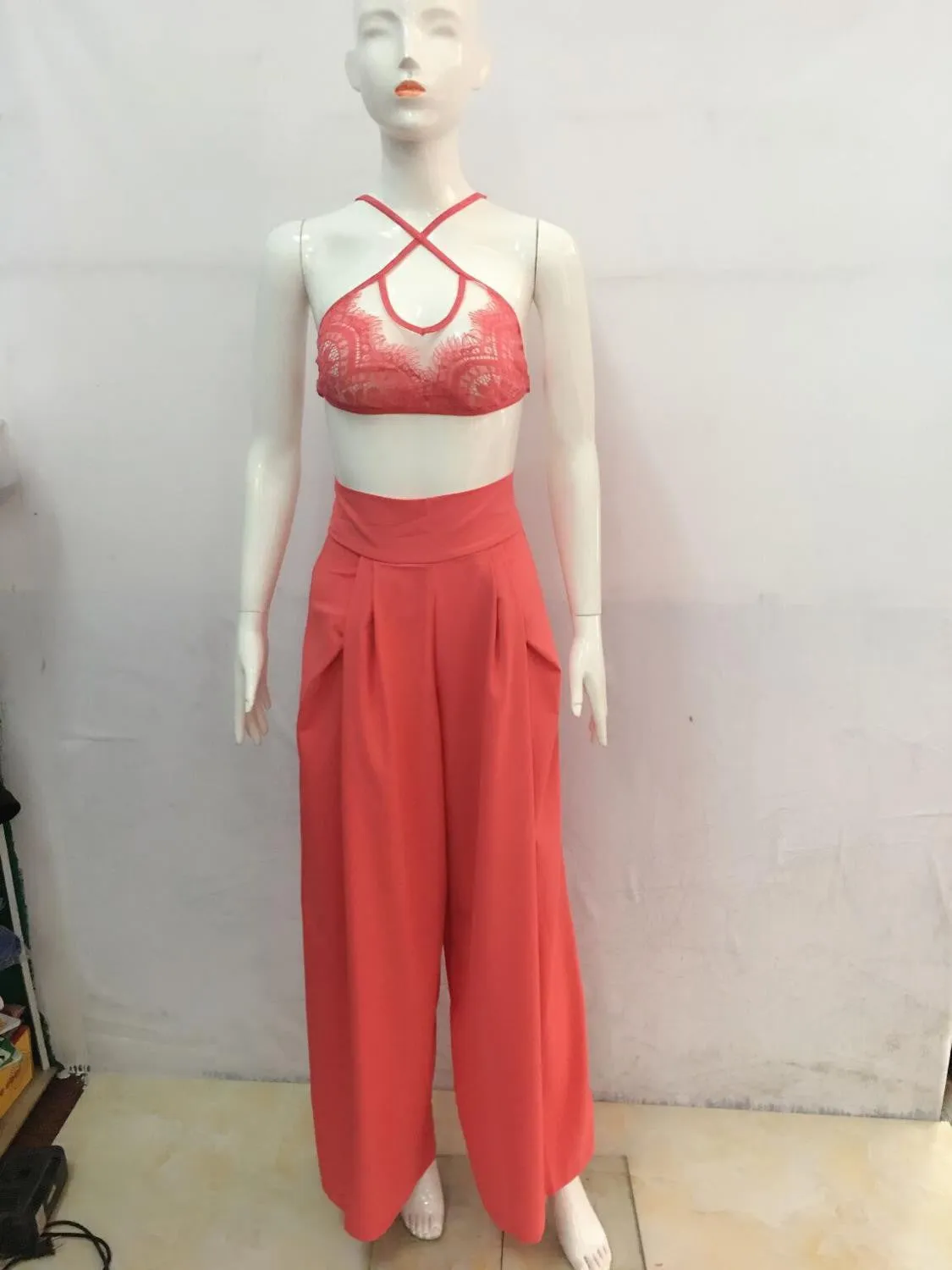 Fashion lace top 2 Pieces Jumpsuit Long pants Strapless Crop Tops High Waist Wide Leg Pants Rompers Red/blue