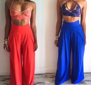Fashion lace top 2 Pieces Jumpsuit Long pants Strapless Crop Tops High Waist Wide Leg Pants Rompers Red/blue