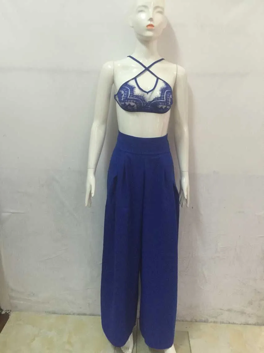 Fashion lace top 2 Pieces Jumpsuit Long pants Strapless Crop Tops High Waist Wide Leg Pants Rompers Red/blue
