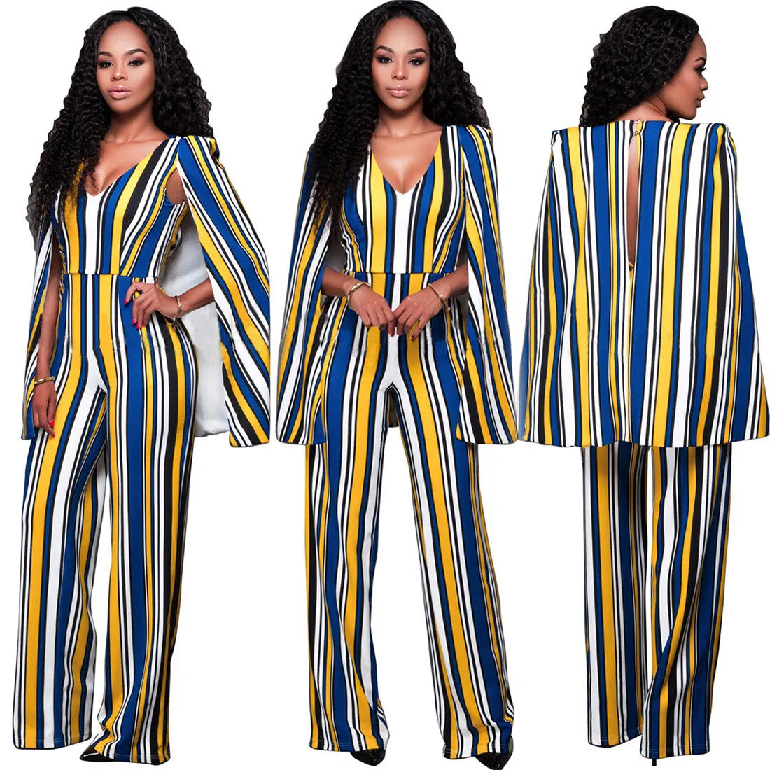 FASHION V-Neck Sleeveless Cape Rompers Womens Jumpsuit High Waist Backless Long Bodysuit Women Striped Overalls